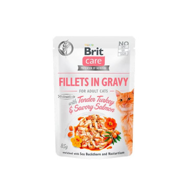 BRIT CARE CAT FILLETS IN GRAVY WITH TENDER TURKEY & SAVORY  SALMON  POUCH