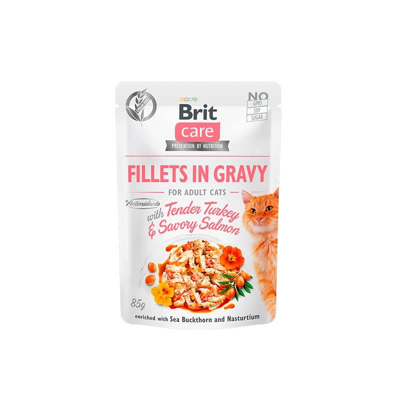 BRIT CARE CAT FILLETS IN GRAVY WITH TENDER TURKEY & SAVORY SALMON