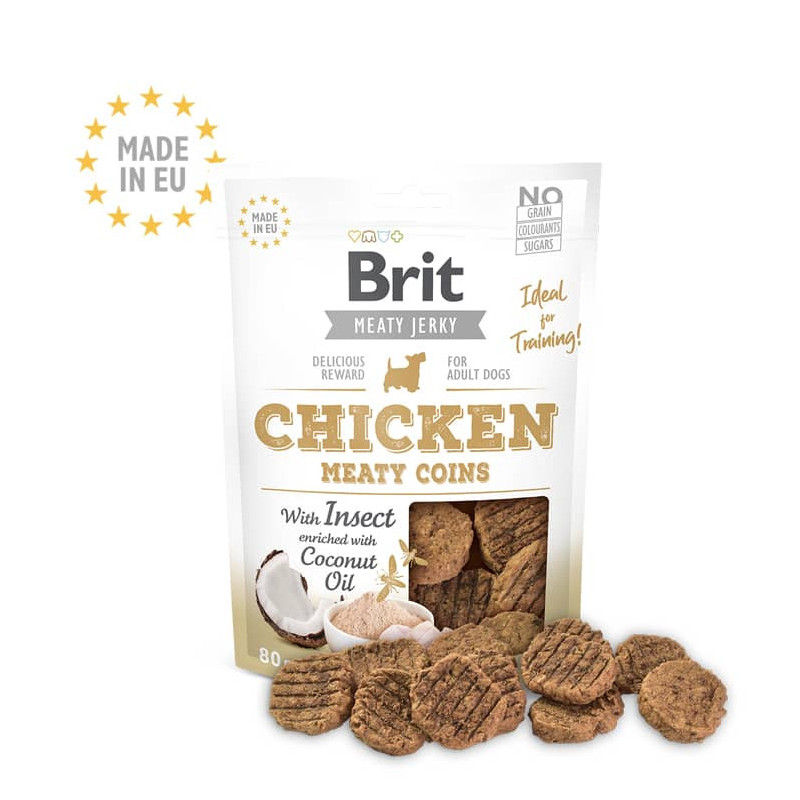 BRIT MEATY JERKY CHICKEN COINS WITH INSECTS ADULT DOGS
