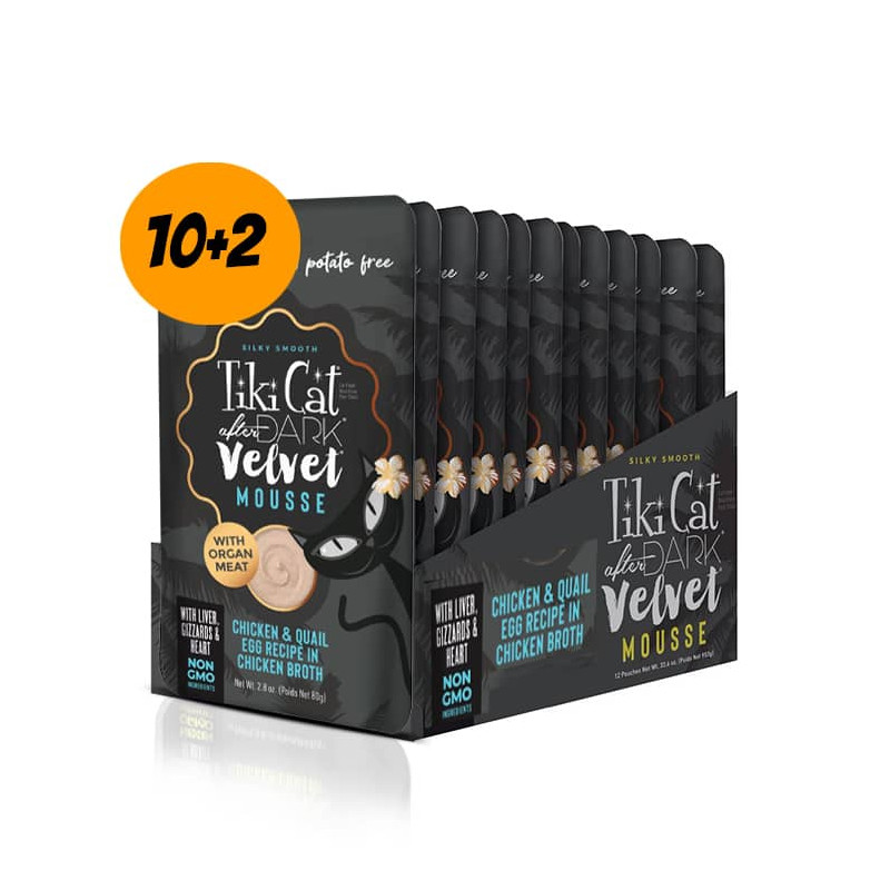 TIKI CAT® AFTER DARK® VELVET MOUSSE CHICKEN & QUAIL EGG RECIPE - Pack 12 Pouch