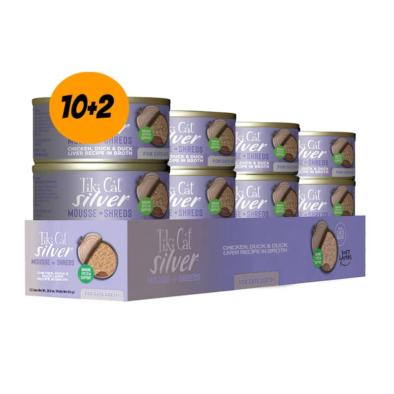 TIKI CAT® SILVER™ MOUSSE & SHREDS WITH CHICKEN, DUCK & DUCK LIVER RECIPE - Pack 12 latas
